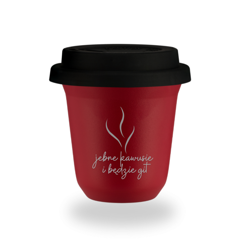 Kubek 240 ml CZERWONY "Jebnę kawusie i będzie git", z pokrywką czarną